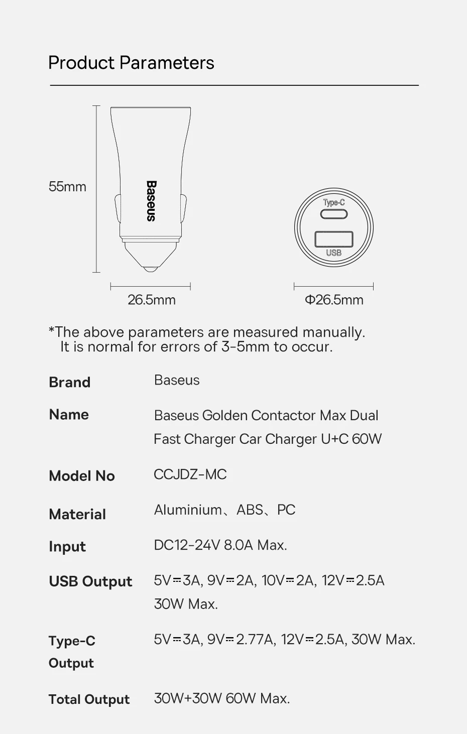 Tẩu Sạc Ô Tô Baseus Golden Contactor Max Dual Fast Charger Car Charger 60W - Hàng chính hãng