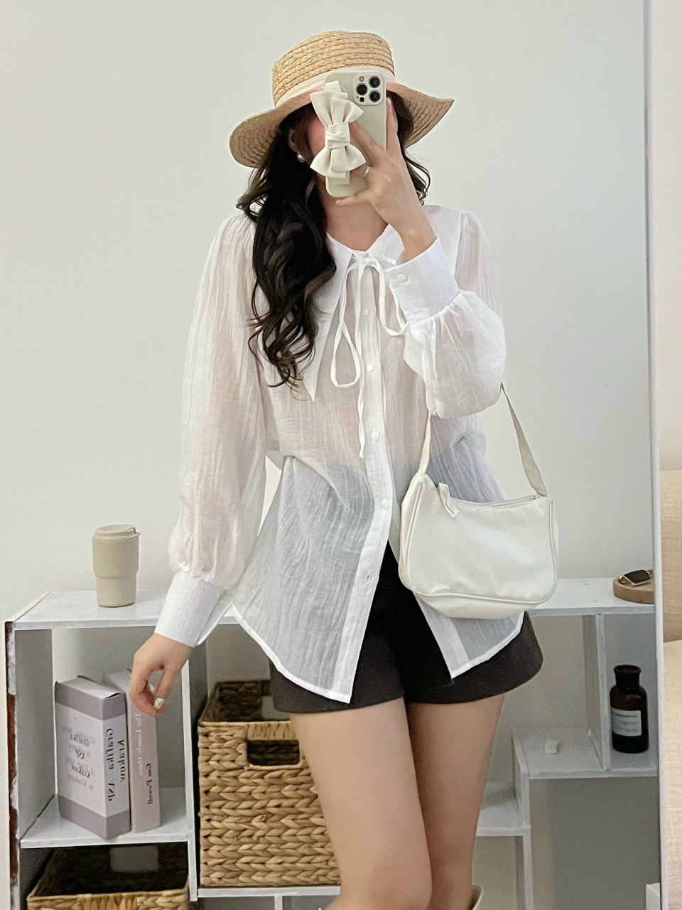 Áo sơ mi tơ cổ nhọn cột nơ tiểu thư nhiều màu