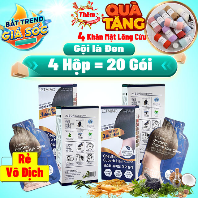 GIẢM SỐC Combo 4 Hộp = 20 gói màu phủ bạc Nâu Đen_2N + QUÀ TẶNG 4 khăn mặt lông cừu cao cấp 50x30cm siêu mềm