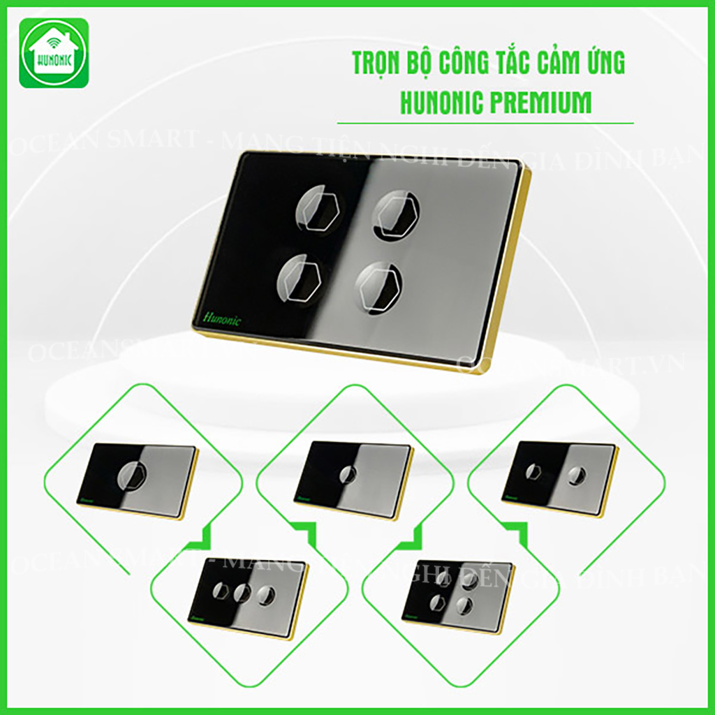 Công Tắc Cảm Ứng Thông Minh Hunonic Premium, Công Tắc Điều Khiển Từ Xa Qua Điện Thoại Viền Vàng - HNPRECD