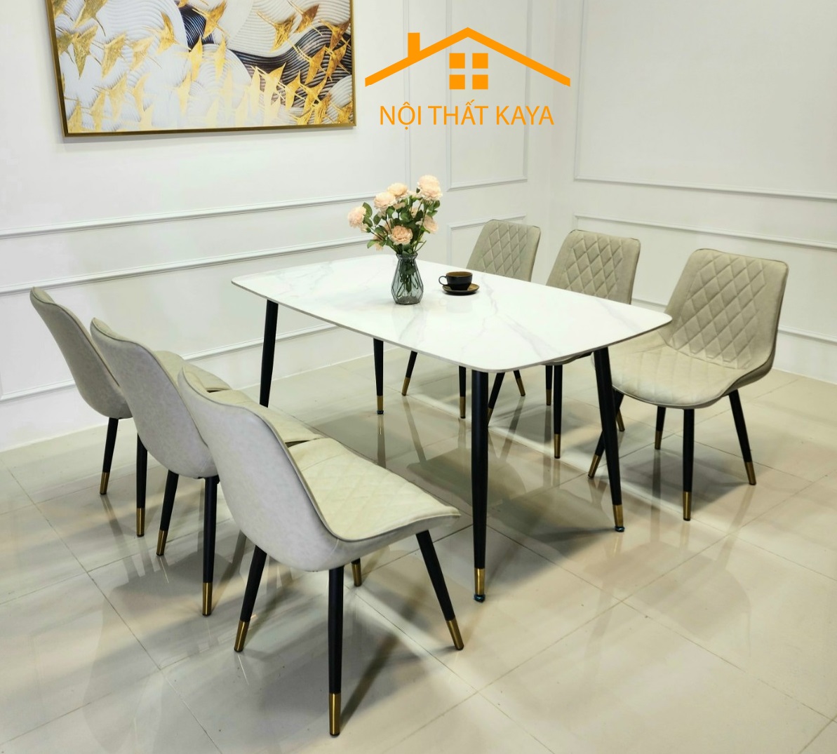 Bộ Bàn Mặt Đá Ceramic 6 Ghế Nhập Khẩu Chân Neva 1m6 – KY-GH16