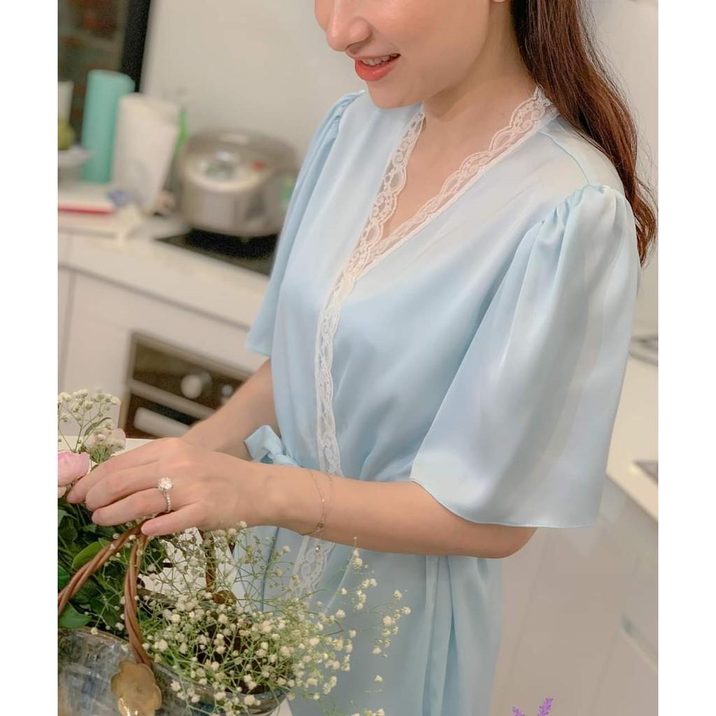 Áo choàng ngủ lụa mặc nhà phối ren dáng dài kèm đai áo tặng kèm chip ren gợi cảm xinh xắn -Đủ màu freesize dưới 70kg