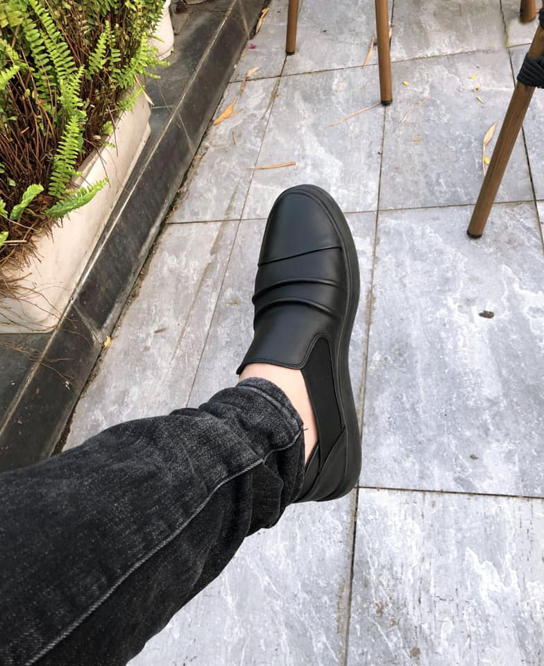 Giày mọi lười Slip on phối thun nam da bò nguyên tấm chống hôi chân, thoáng khi, em chân SHOES 2H size 38-43, Đen 2H-72