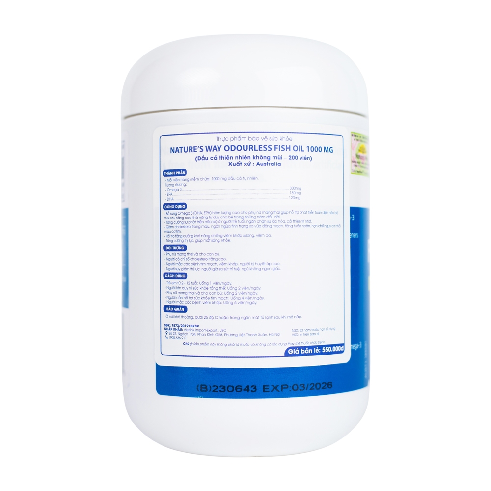 DHA Cho Bà Bầu Nature's Way Odourless Fish Oil 1000mg Giúp Não Bộ Thai Nhi Phát Triển Toàn Diện (Hộp 200 Viên)