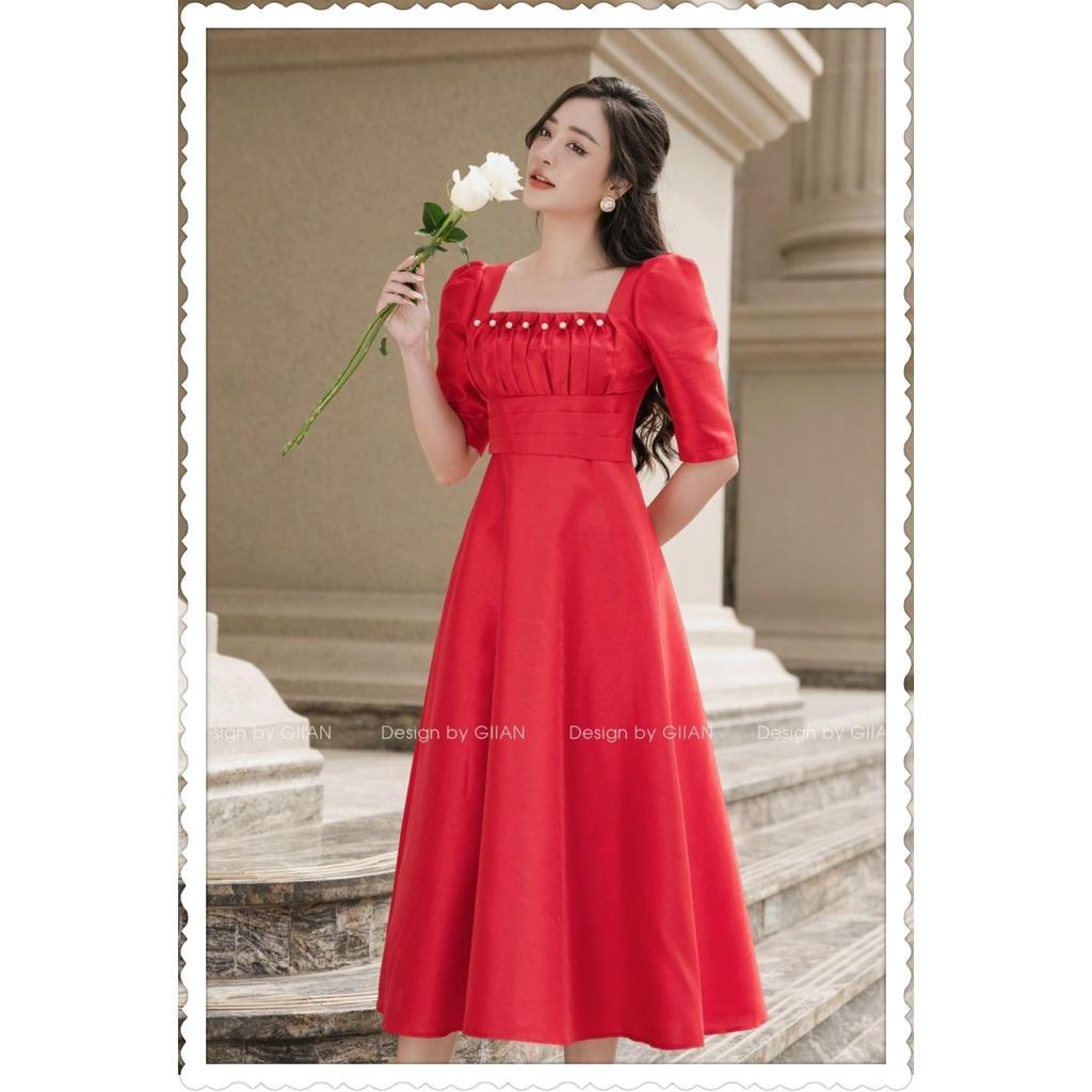 Đầm xoè cổ vuông tay phồng xếp ly ngực đính cườm sang trọng