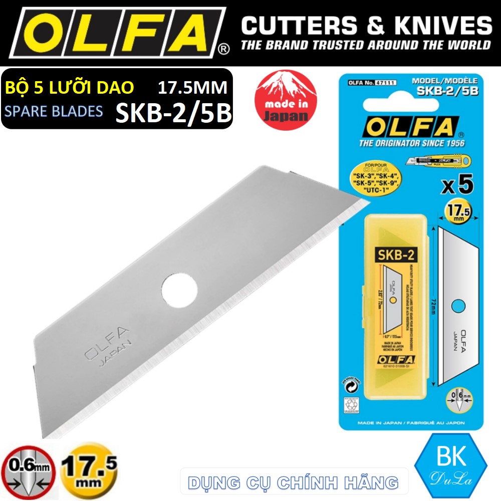 [OLFA- Nhật] Bộ 5 Lưỡi dao cắt thay thế hình thang 17.5mm OLFA SKB2-5B