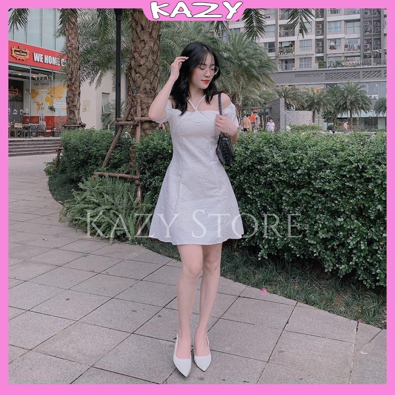 Váy trắng tiểu thư tay bồng, Váy trắng dự tiệc hoa văn xốp KAZY STORE V15