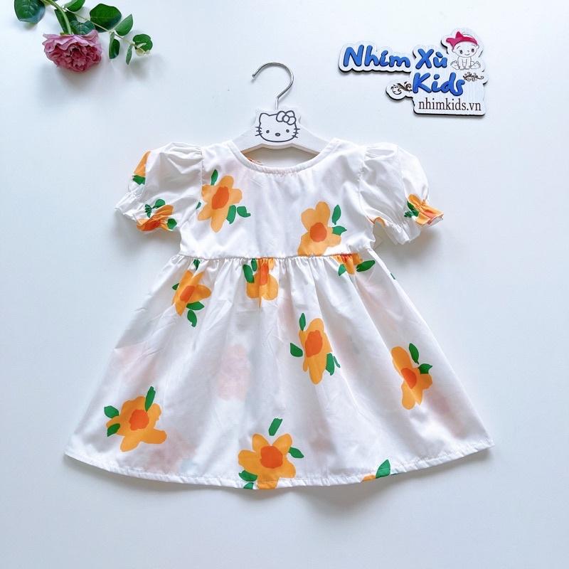 Váy Hoa Cam Tay Ngắn Cho Bé Gái 4 Đến 28kg Chất Thô Hoa Mềm Mát
