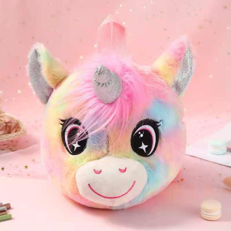 Balo trẻ em, balo pony màu cầu vồng siêu đáng yêu, túi 3D đầu kỳ lân lông mềm - SIÊU HOT