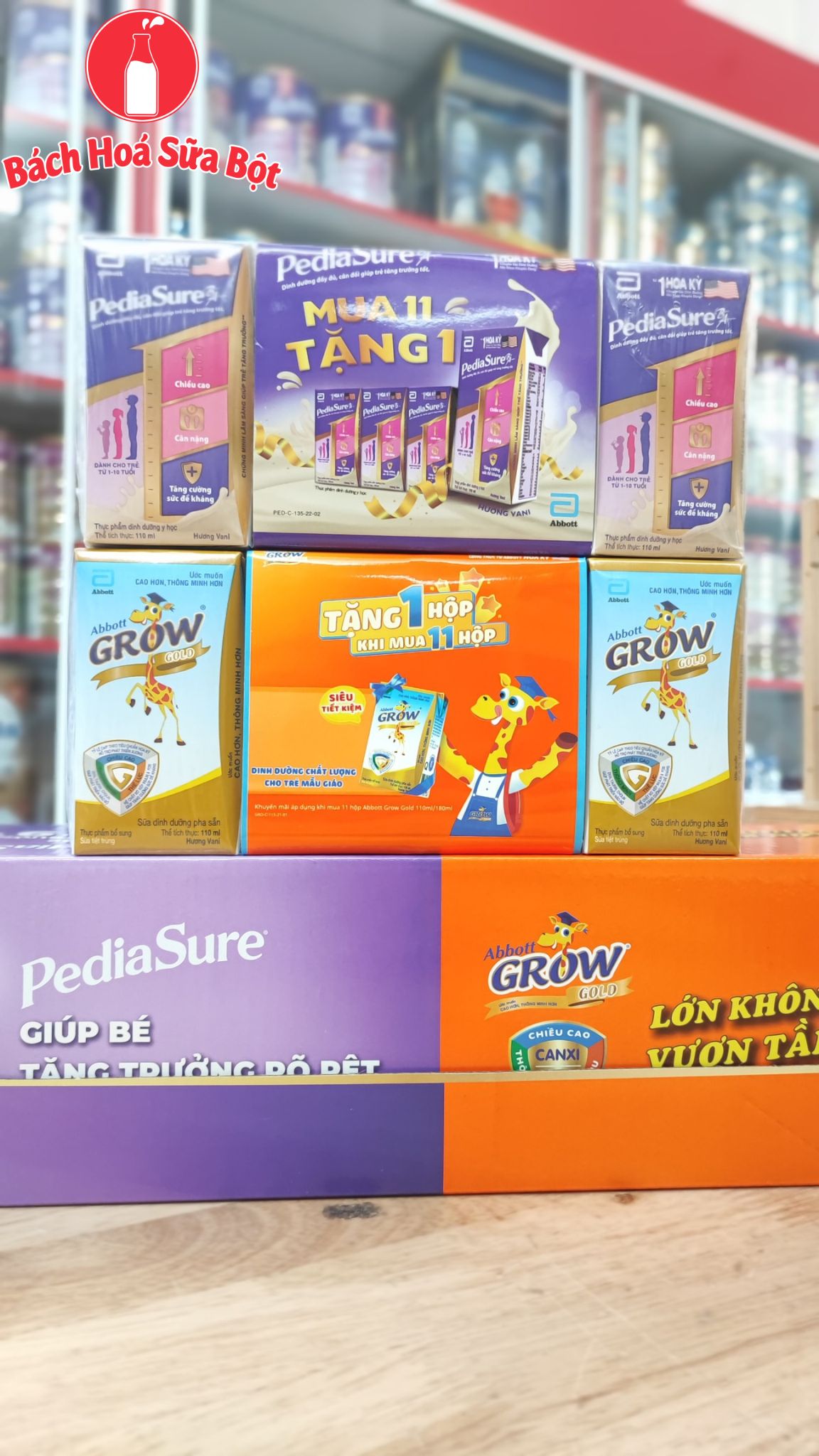 Combo sữa pha sẵn Pediasure 110ml và Abbott Grow Gold 110ml (1 hộp 6 lốc)