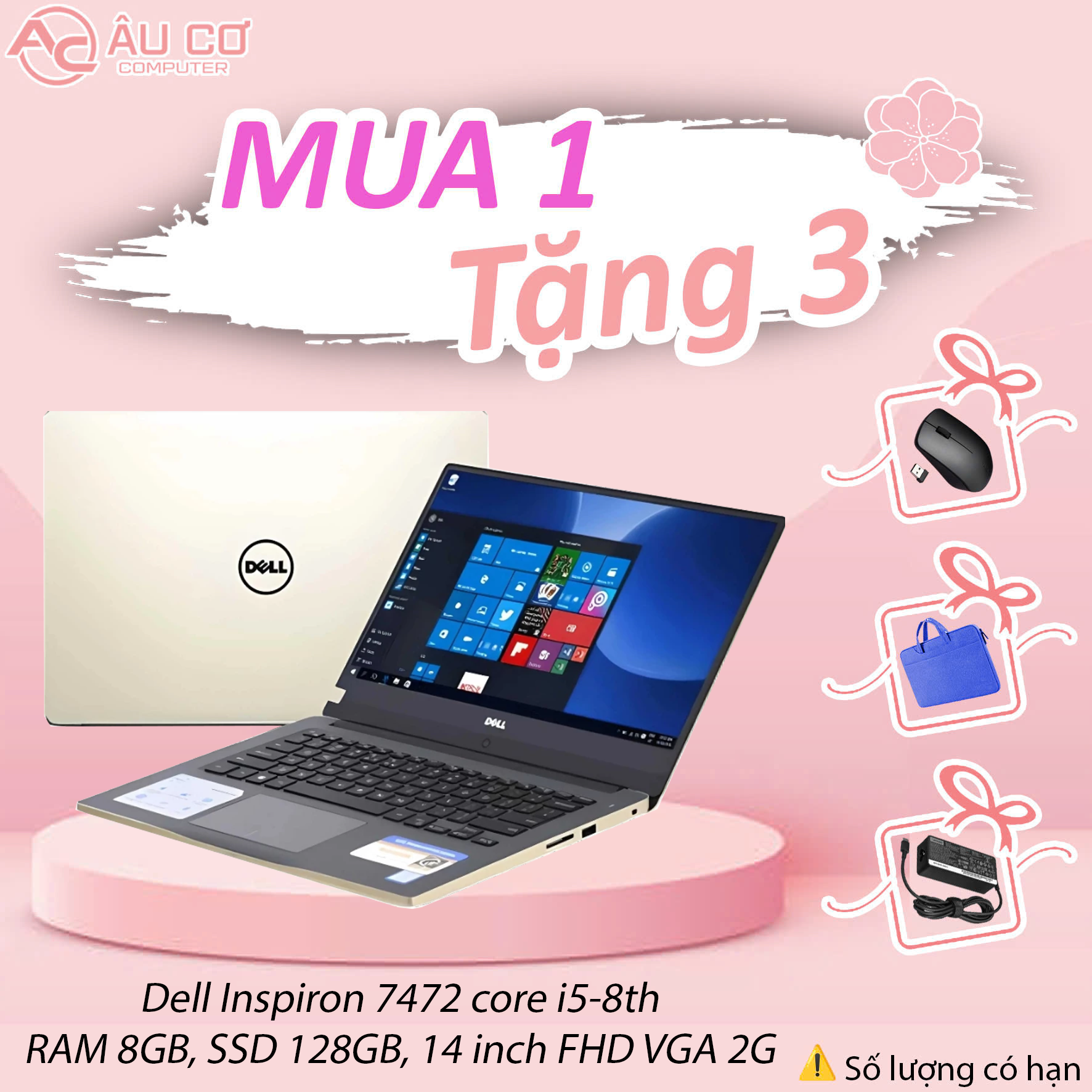 Laptop Dell Inspiron 7472, Core i5-8250U, Ram 8GB, SSD 128GB, 14 inch Full HD, VGA 2G - Hàng Chính Hãng