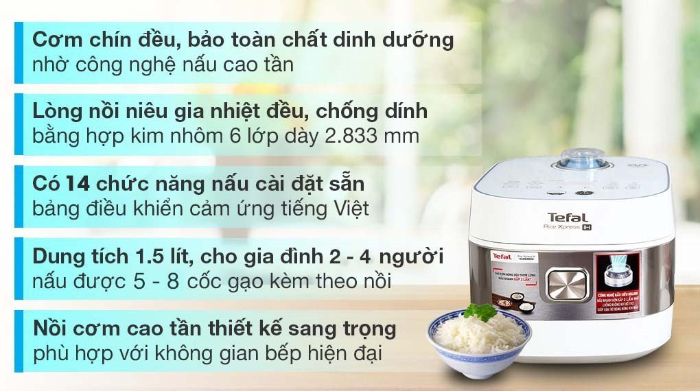 Nồi cơm điện cao tần Tefal 1.5 lít RK762168 Công suất 1200W, 14 chế độ nấu cơm cháo - Hàng chính hãng