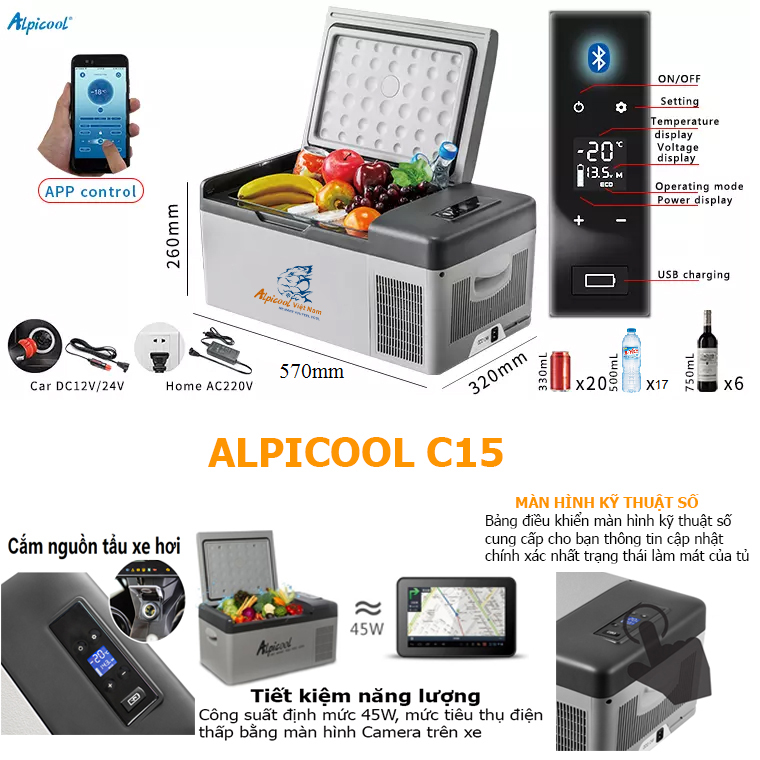 Tủ lạnh ô tô thông minh Alpicool Việt Nam 15 lít - C15 - làm đá nhanh kiêm hộp đựng thực phẩm, kiêm thùng đá cho tài xế, lái xe