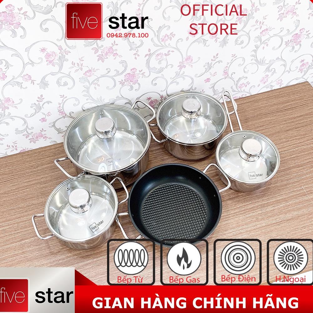 Bộ Nồi 5 Đáy Cao Cấp Bếp Từ Fivestar FSB55D001 Nắp Kính Inox 430 , tặng 1 vá canh