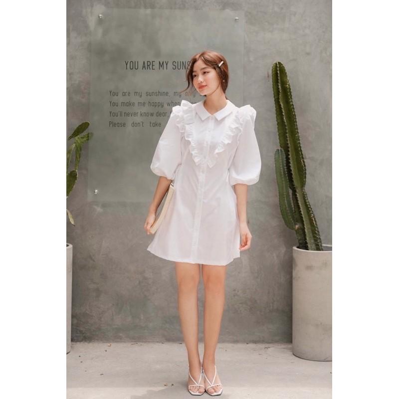 Đầm váy trắng phối bèo tay lỡ (kèm hình thật)