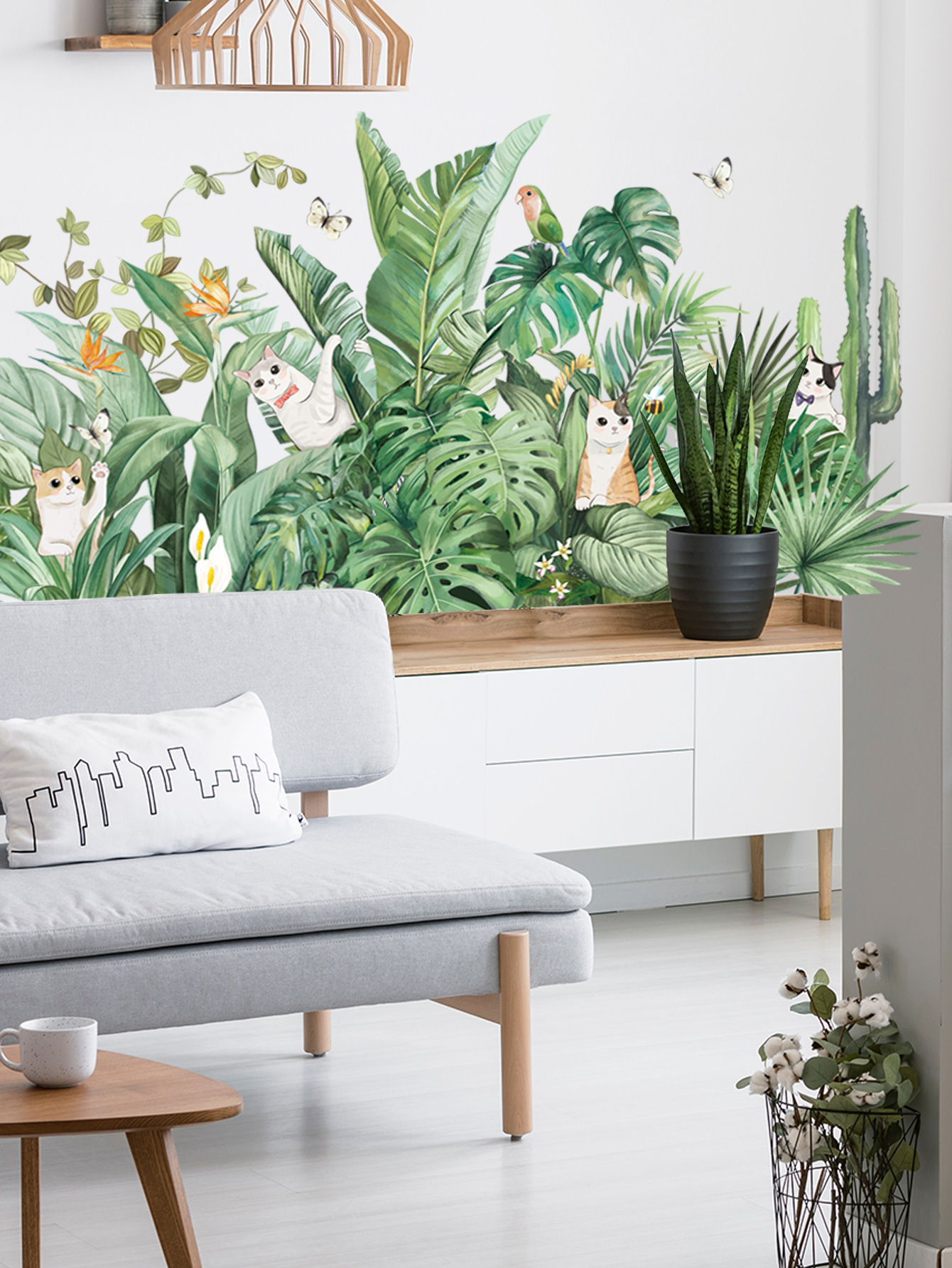 Sticker Giấy Dán Tường Decal Dán tường Tranh Dán Tường Trang Trí Tường Mẫu Hoa Lá Mèo Chim Phong Cách Vintage ZDB-2274