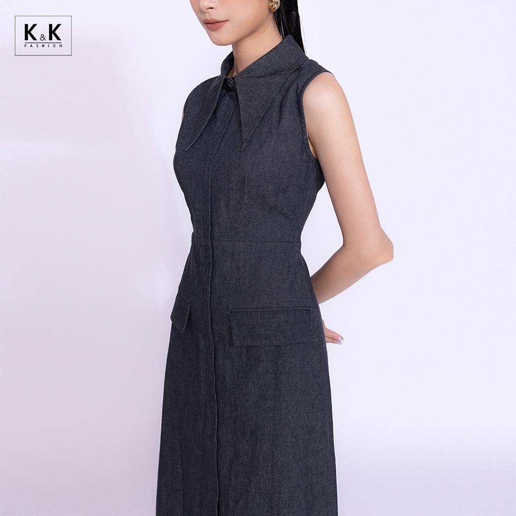 Đầm Sơ Mi Sát Nách Phối Túi K&amp;K Fashion KK140-16 Chất Liệu Denim