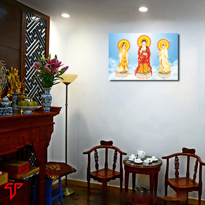 Tranh gỗ hình phật treo tường trang trí nhà cửa, nơi thờ cúng mẫu tam thánh, quan thế âm bồ tát, phật adida, Tranh Phật Giáo Tam Thánh 411