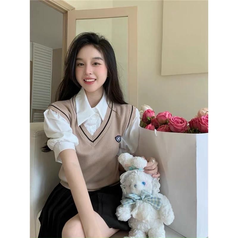 Áo len nữ Montoghi phong cách GILE kiểu 2 LỚP phối cổ sơ mi tay phồng hàng Quảng Châu xinh xắn