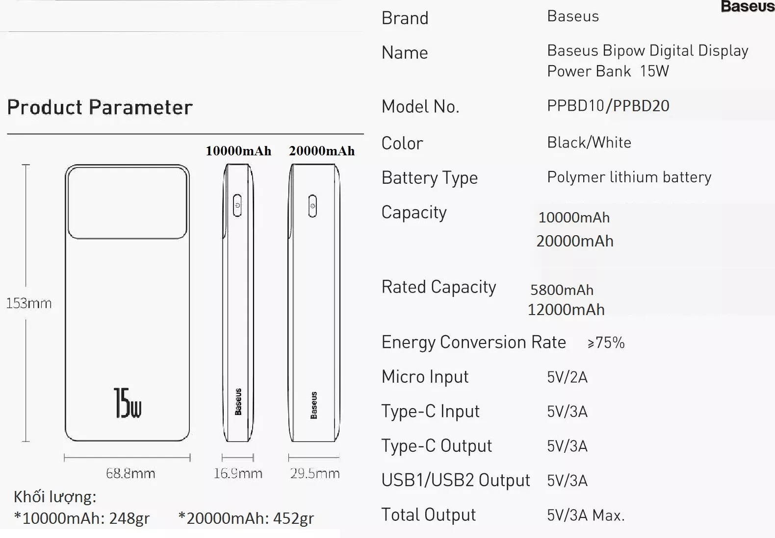 Pin dự phòng 15W Baseus Bipow  PPBD10 / PPBD20 _ Hàng chính hãng