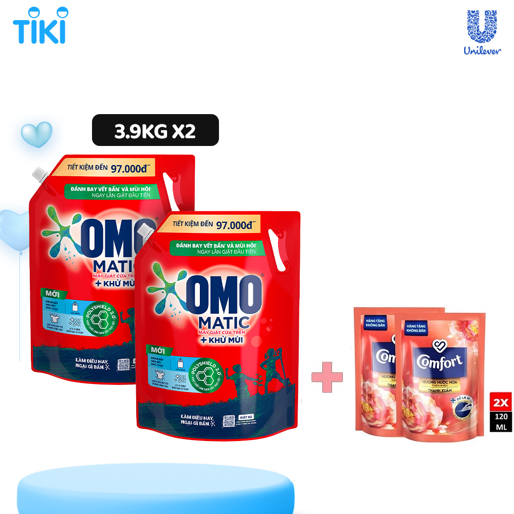 Combo 2 túi nước giặt OMO Matic cho máy giặt cửa trên giúp quần áo sạch bẩn khử mùi toàn diện, túi 3.9kg + 2 Nước Xả Comfort 120ml Ngẫu Nhiên