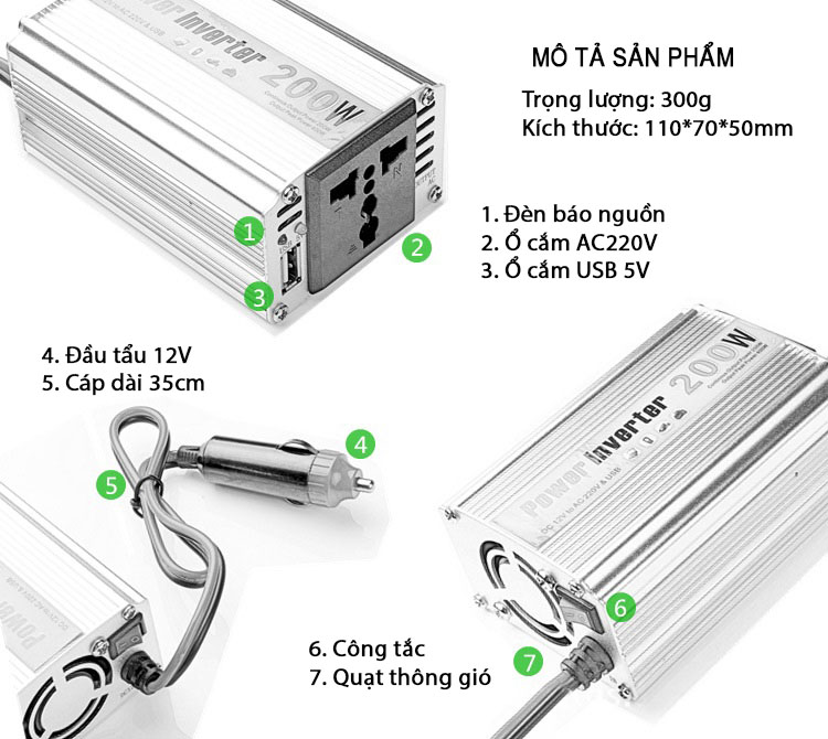 Bộ Chuyển Đổi Nguồn Điện DC 12V Sang AC 110V/220V 200W Cho Xe Ô Tô Cao Cấp