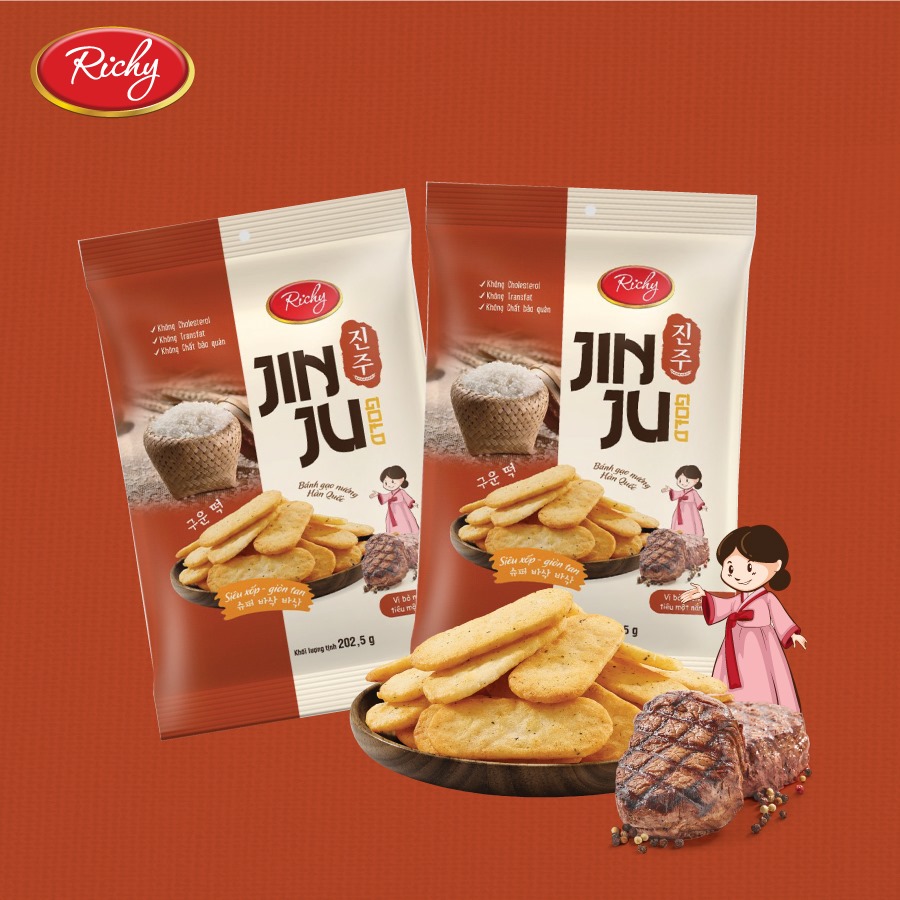 Combo 3 gói Bánh gạo JINJU RICHY vị bò nướng tiêu  gói 134,4g/gói