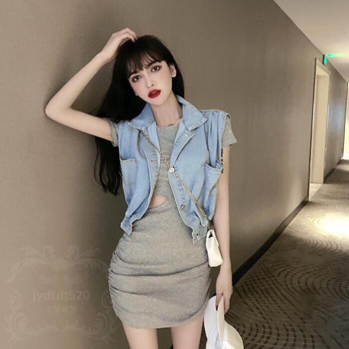 Áo denim không tay retro Hàn Quốc, chất đẹp