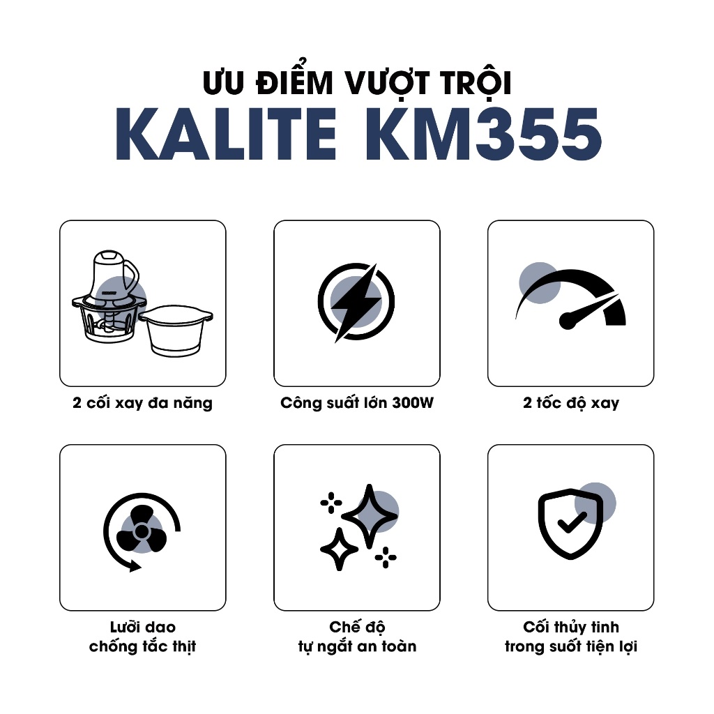 Máy Xay Thịt 2 Cối inox &amp; Thủy Tinh Kalite KM355 (Model 2024) Đa năng, 2.0L - Công Suất 300W, Kèm Dụng Cụ Bóc Tỏi- Hàng Chính Hãng