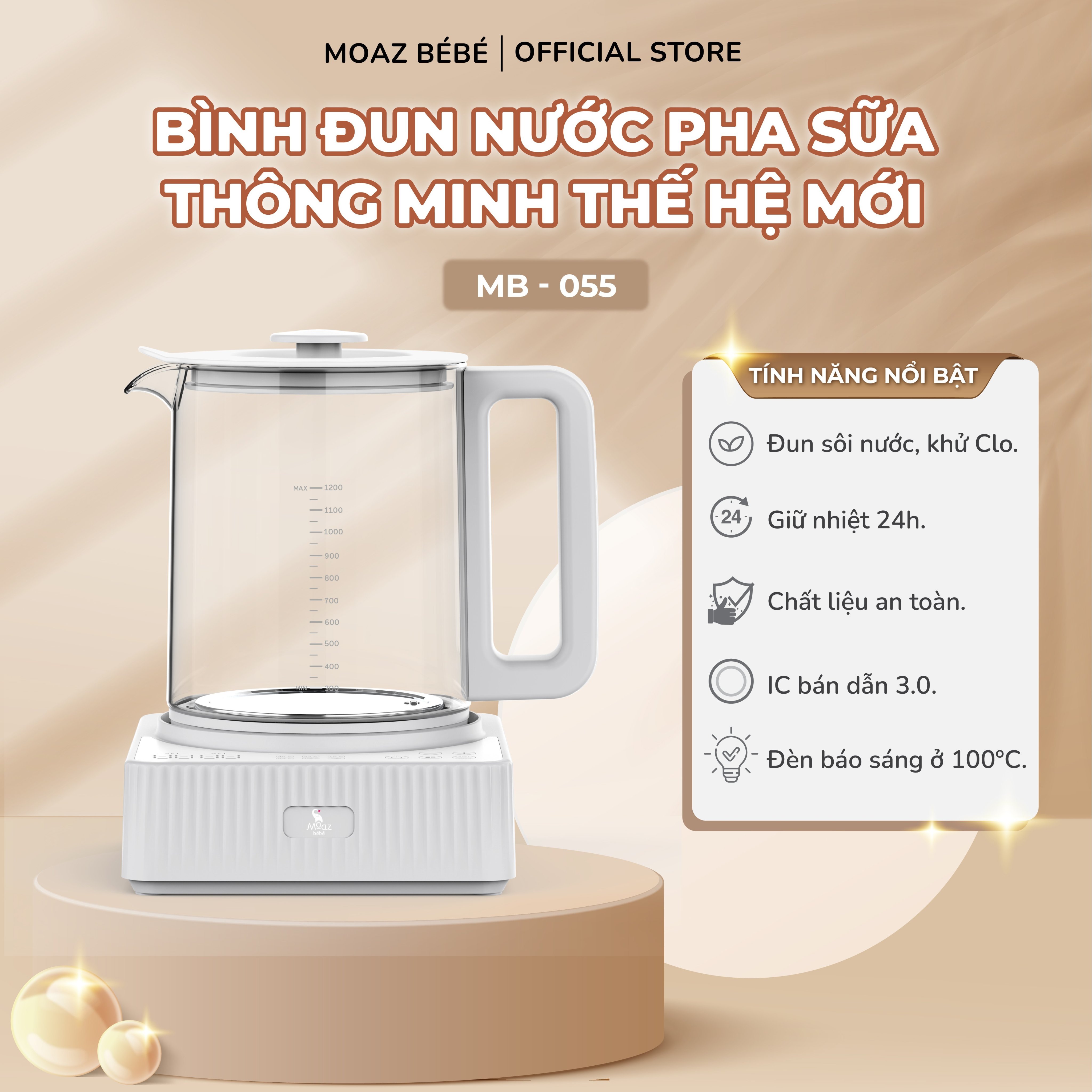 Bình đun nước pha sữa thông minh thế hệ mới Moaz BéBé MB055 - Hàng chính hãng