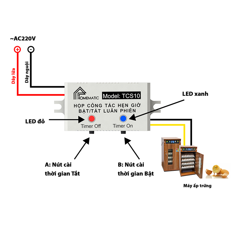 Hộp công tắc thông minh hẹn giờ tự động tắt bật luân phiên cho máy ấp trứng