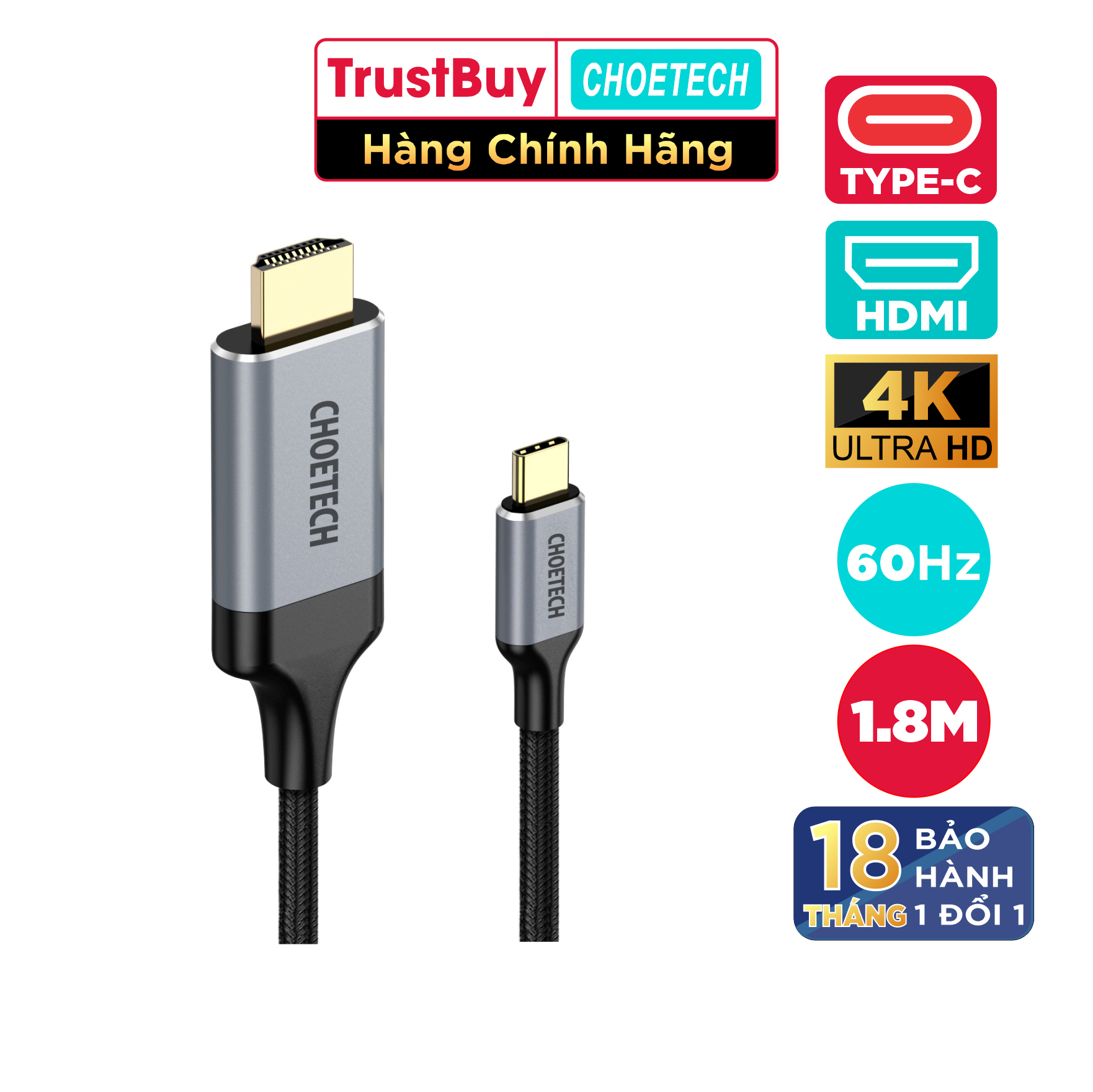 Dây Cáp Type C To HDMI 4K 60Hz Dài 1.8M, Dây Nylon Dù Thunderbolt 3 CHOETECH CH0021 - Hàng Chính Hãng