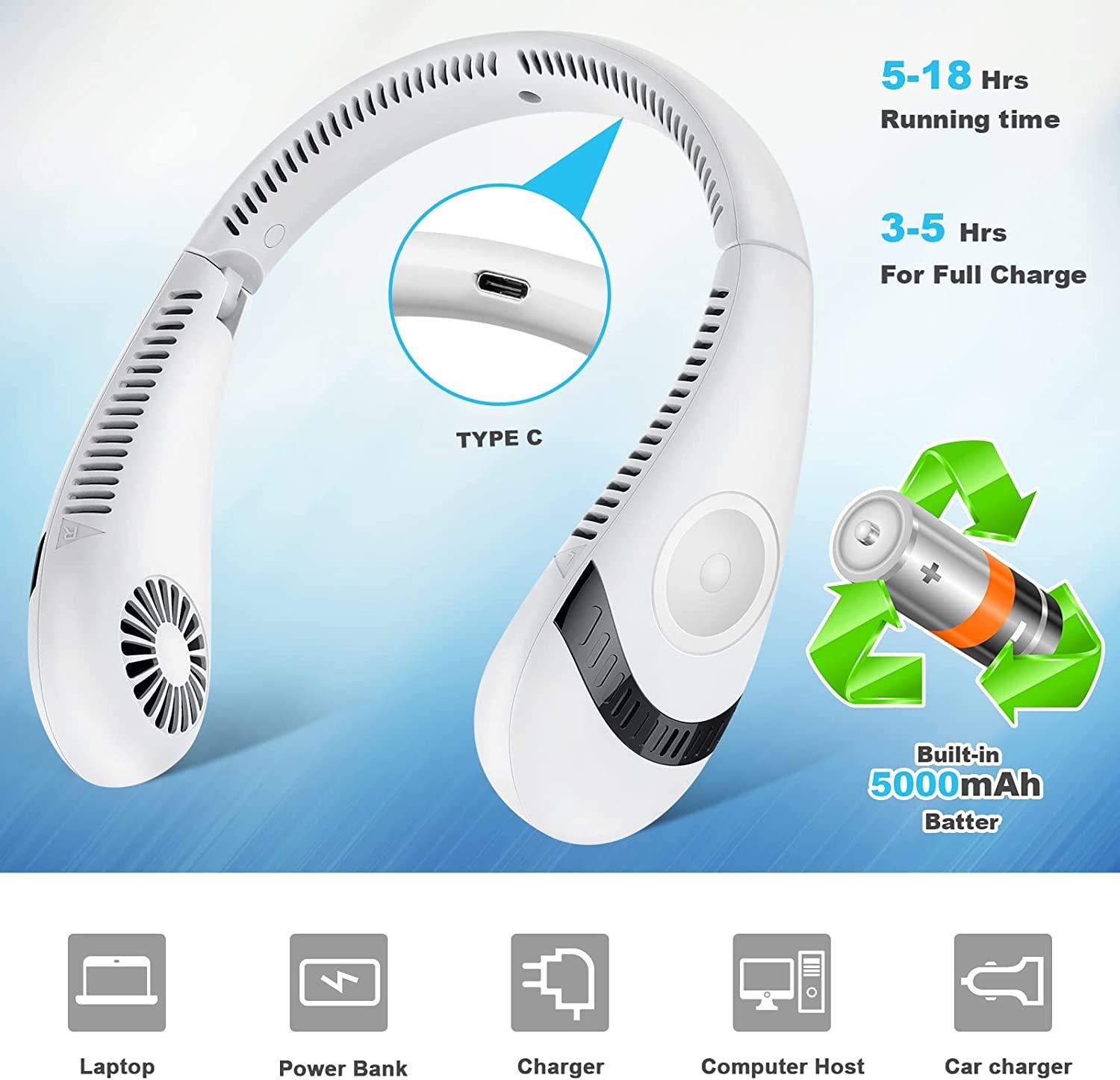 Máy truyền mã USB, 5000mAh quạt nhỏ cổ, nạp đạn, quạt không quạt không chiều, 150 176; quay cho thể thao, du lịch, văn phòng và cắm trại ngoài trời