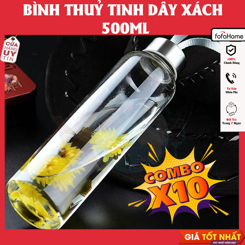 Combo 10 Bình Nước Thủy Tinh Có Dây Xách Dung Tích 500ml