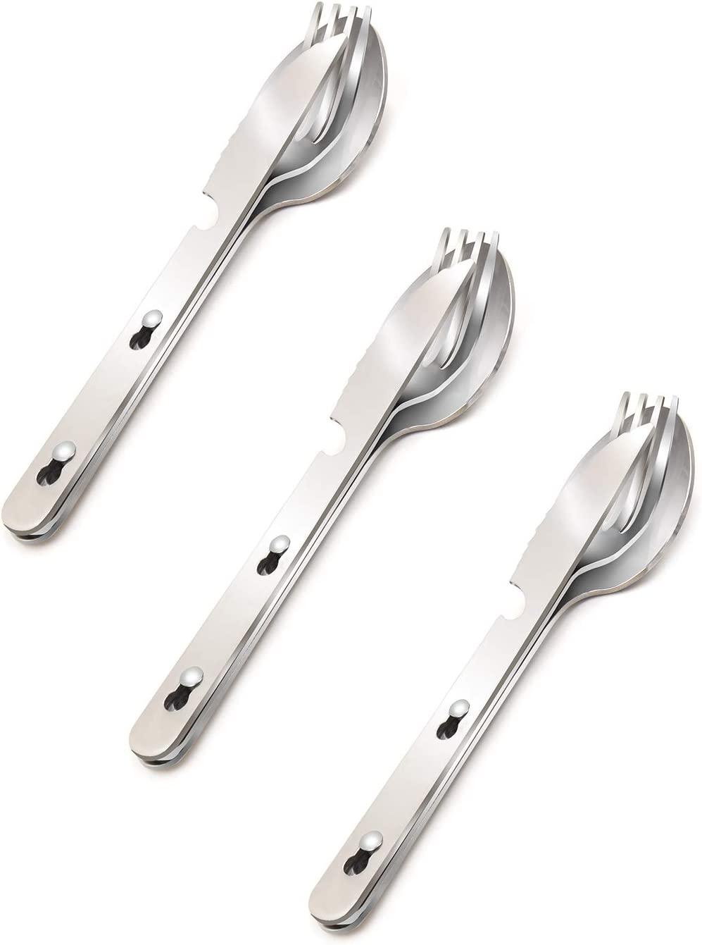 Các dụng cụ cắm trại 3 trong 1 Pack 3-gói, muỗng thép không gỉ di động, nĩa, bộ kết hợp mở dao/chai