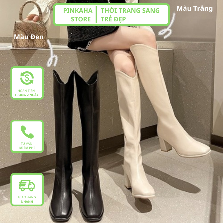 Bốt Đùi Nữ Da Lì Trắng Đen Thời Trang Khoá Sau Ulzzang Siêu Hót Cao Cổ Giày Boot Xinh