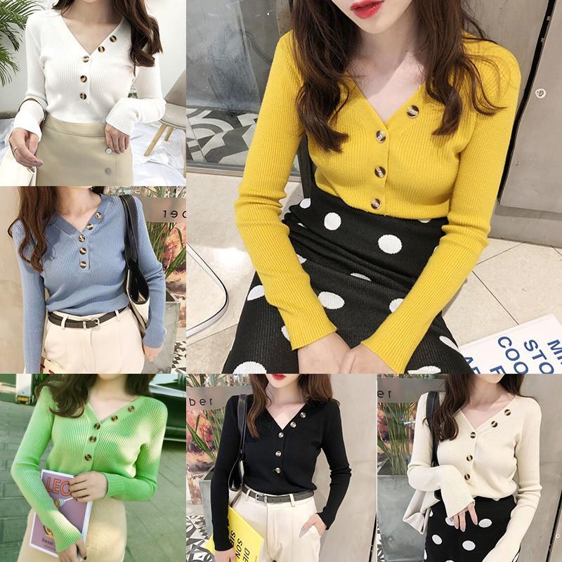 Áo dệt kim nữ tay dài cổ chữ V dáng ôm