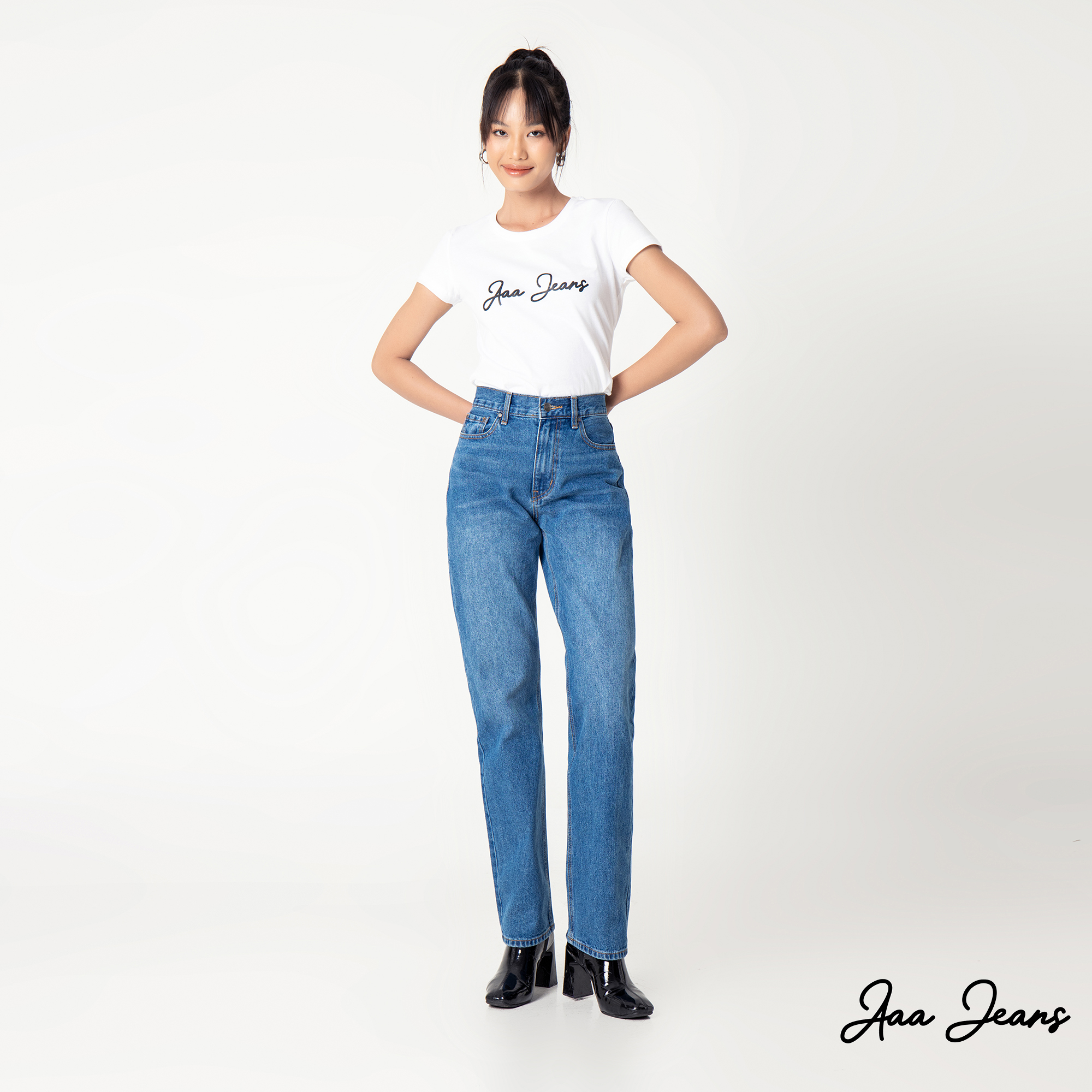 Quần jeans nữ ống đứng slim fit lưng cao Aaa Jeans