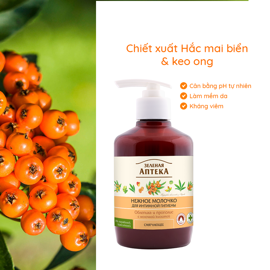 Dung dịch vệ sinh phụ nữ Zelenaya Apteka chiết xuất hắc mai biển và keo ong dạng sữa làm mềm da 370ml