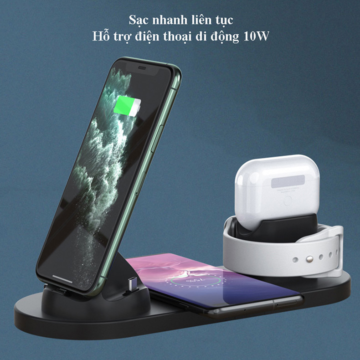 Đế sạc không dây đa năng 6 in 1, sạc nhanh không dây, dành cho iphone, sam sung, AirPods, Apple Watch