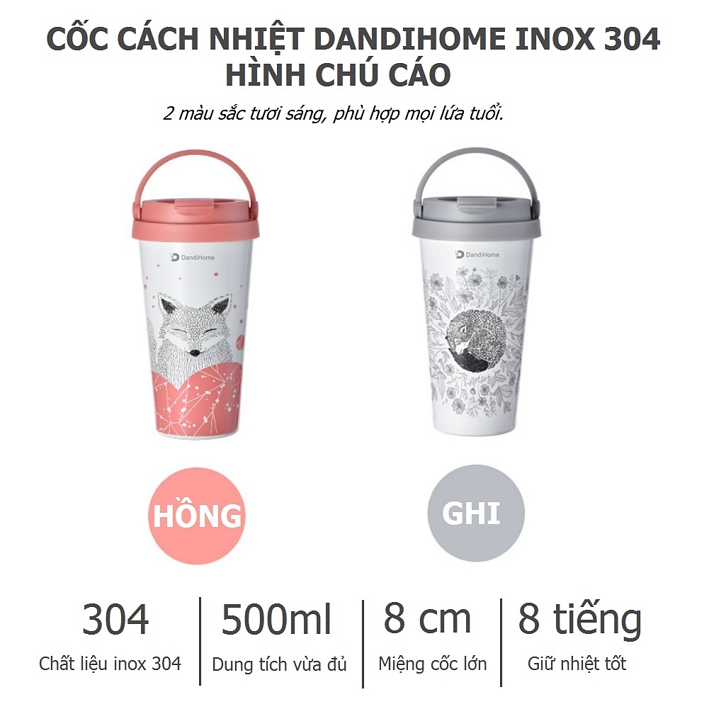 Cốc (Ly) cách nhiệt, giữ nhiệt DandiHome inox 304 chú Cáo (500ml)