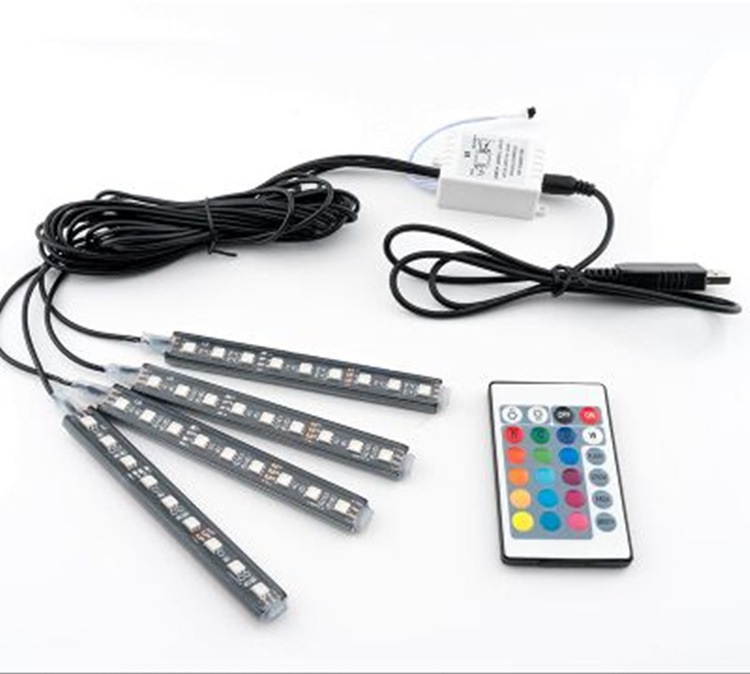 Bộ đèn Led cảm biến NHẤP NHÁY THEO NHẠC 4 thanh 9 bóng lắp gầm ghế ô tô có Remote