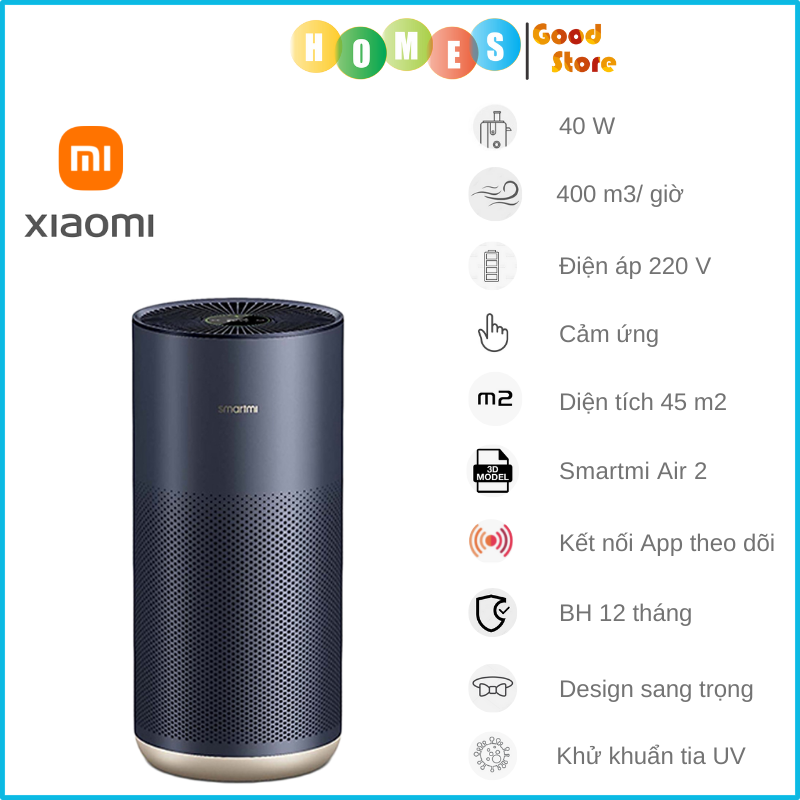 Máy Lọc Không Khí XIAOMI Smartmi Air Purifier 2 Tiêu Chuẩn Mỹ Khử Khuẩn Tia UV Làm Sạch Không Khí Và Khử Mùi Hôi, Dị Ứng Có Kết Nối App Phù Hợp Diện Tích 45m2 Công Suất 40W - Hàng Chính Hãng