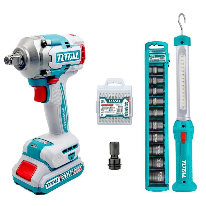 BỘ COMBO MÁY SIẾT BULOONG KHÔNG CHỔI THAN TIWLI2040 &amp; DÈN LÀM VIỆC TWLI35261 DÙNG PIN 20V TOTAL TOSLI23048 - HÀNG CHÍNH HÃNG