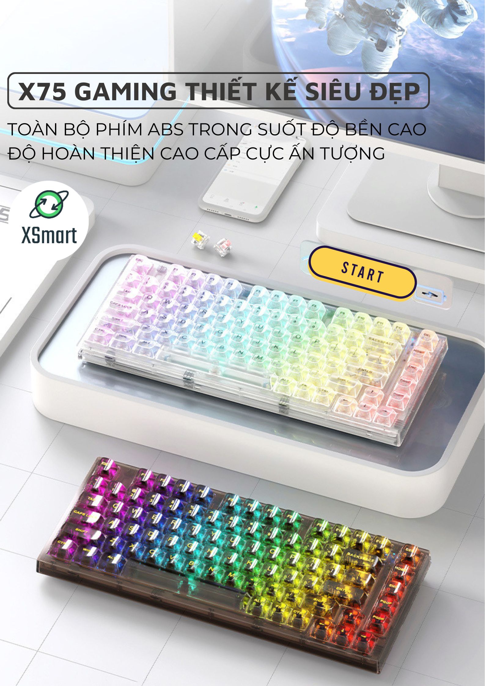 Bàn Phím Cơ Trong Suốt X75 Esport Cao Cấp LED RGB 16 Chế Độ Trục Cơ White Switch Có HOTSWAP Cho Máy Tính, Laptop, PC- Hàng Chính Hãng