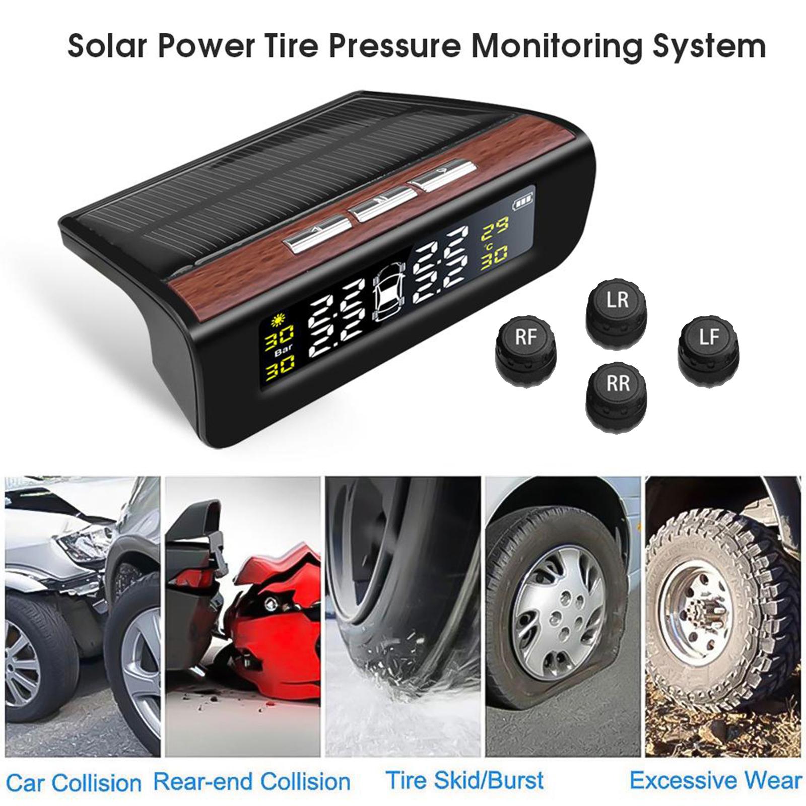 Tire Pressure Monitoring System Solar Power Wireless TPMS,Safety Monitor with 4 Sensors LCD Display Real Time Auto Alarm Pressure Temperature for Cars