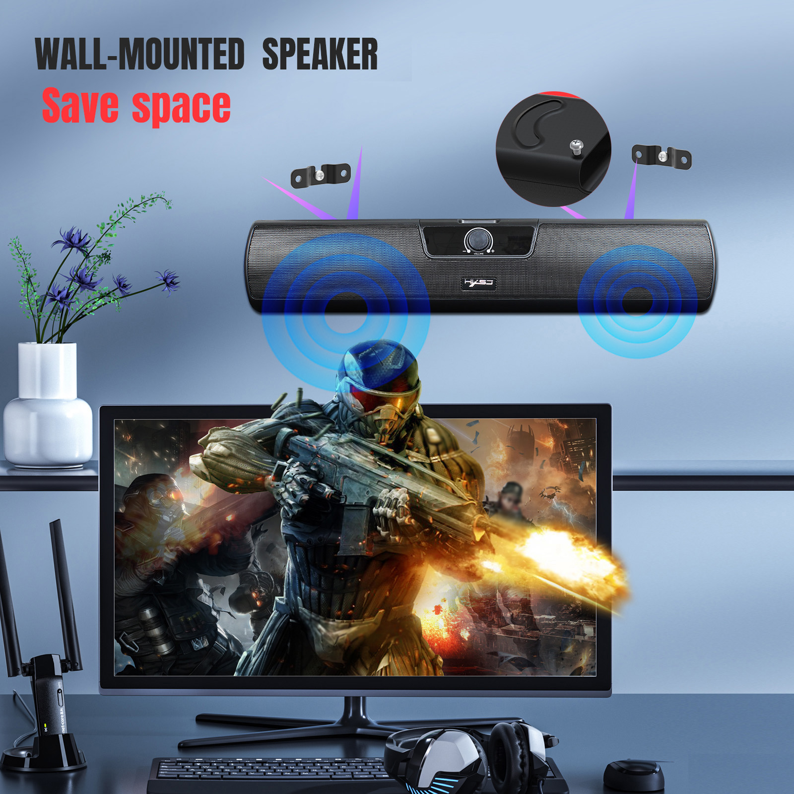 HXSJ Q3 3.5mm Wired Computer Speaker 10W Soundbar Home Theater PC Sound Bar Volume Control USB Powered for TV Laptop