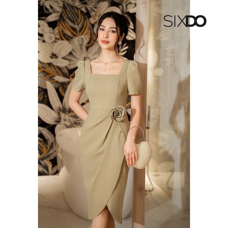 Đầm midi cô vuông kèm hóa eo xẻ tà thời trang SIXDO