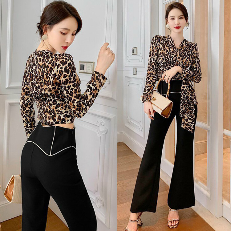 SÉT BỘ ÁO DA BEO QUẦN ỐNG LOE