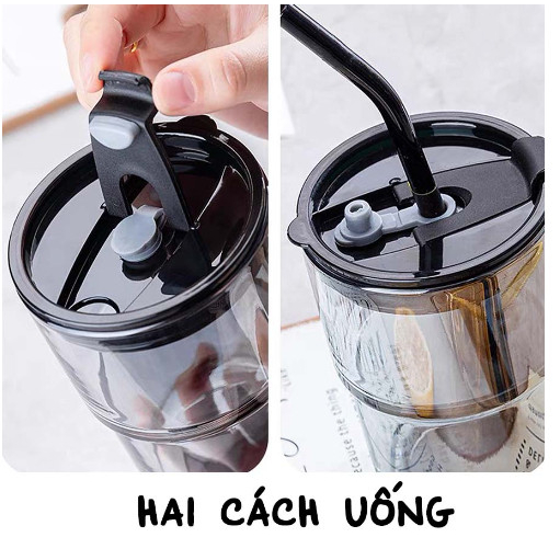 Cốc Thủy Tinh Bọc Da Quai Xách Dung Tích 450ml Kèm Ống Hút Thuỷ Tinh Có Nắp Đậy Chống Tràn Giao Màu Ngẫu Nhiên